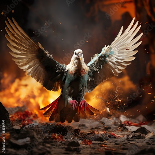 flight from flames: a dove's escape into hope © ArtisticALLY
