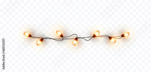 Lights bulbs border isolated on transparent background. Glowing fairy Christmas garland string. Vector New Year party led lamps decoration