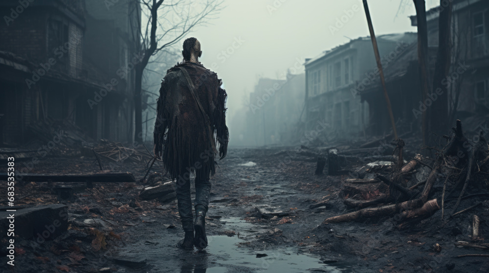 Zombie on street of abandoned town, end of mankind concept - obrazy, fototapety, plakaty 