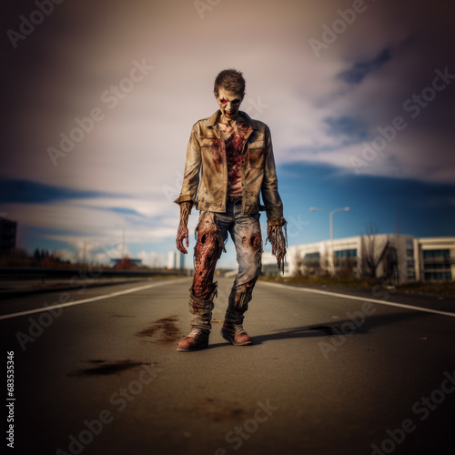 Zombie on street of abandoned town, apocalypse