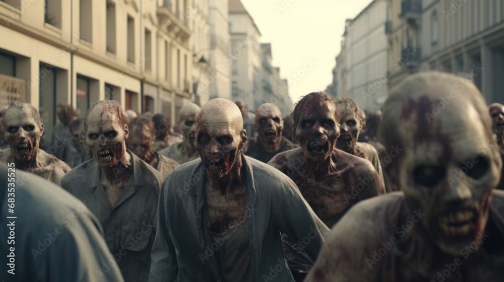 Crowd of zombies on destroyed city street, end of mankind