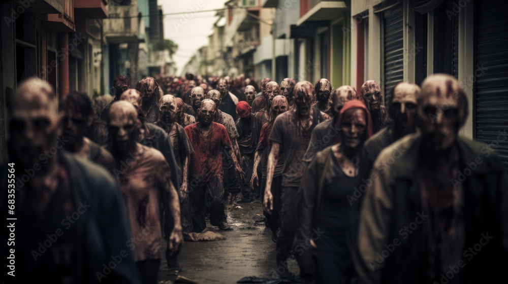 Crowd of rotten zombies lurking on streets of destroyed city, apocalypse concept - obrazy, fototapety, plakaty 