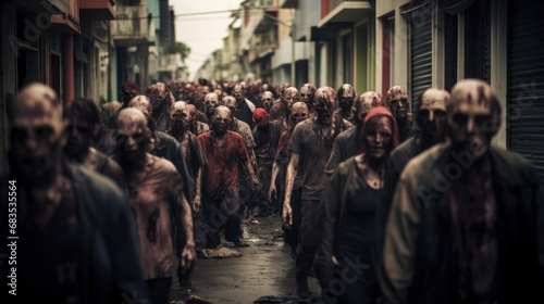 Crowd of rotten zombies lurking on streets of destroyed city, apocalypse concept © Kondor83