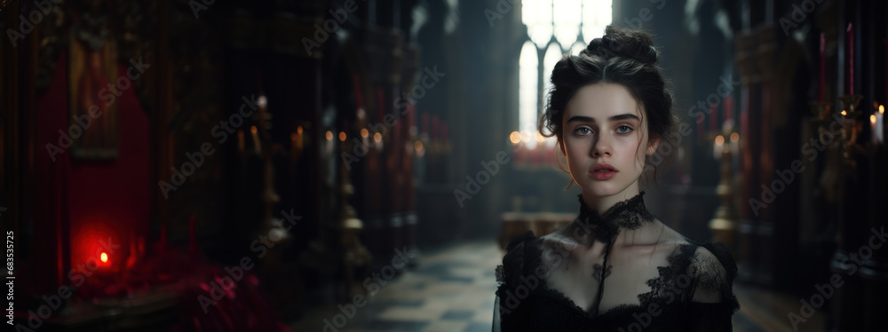 Young beautiful female vampire in spooky castle - obrazy, fototapety, plakaty 