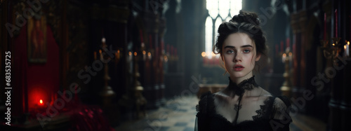 Young beautiful female vampire in spooky castle photo