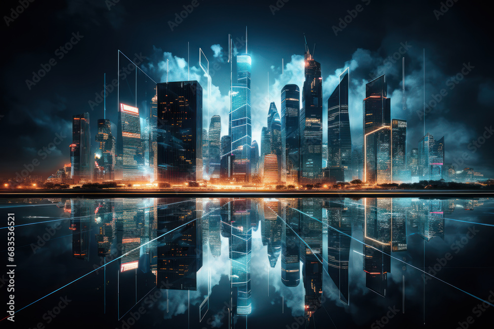 A cityscape at night, aglow with the shimmering lights of buildings, capturing the modern and dynamic beauty of urban architecture. Concept of nocturnal allure. Generative Ai.