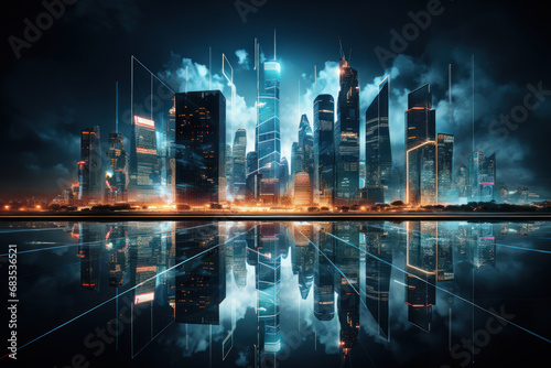 A cityscape at night, aglow with the shimmering lights of buildings, capturing the modern and dynamic beauty of urban architecture. Concept of nocturnal allure. Generative Ai.