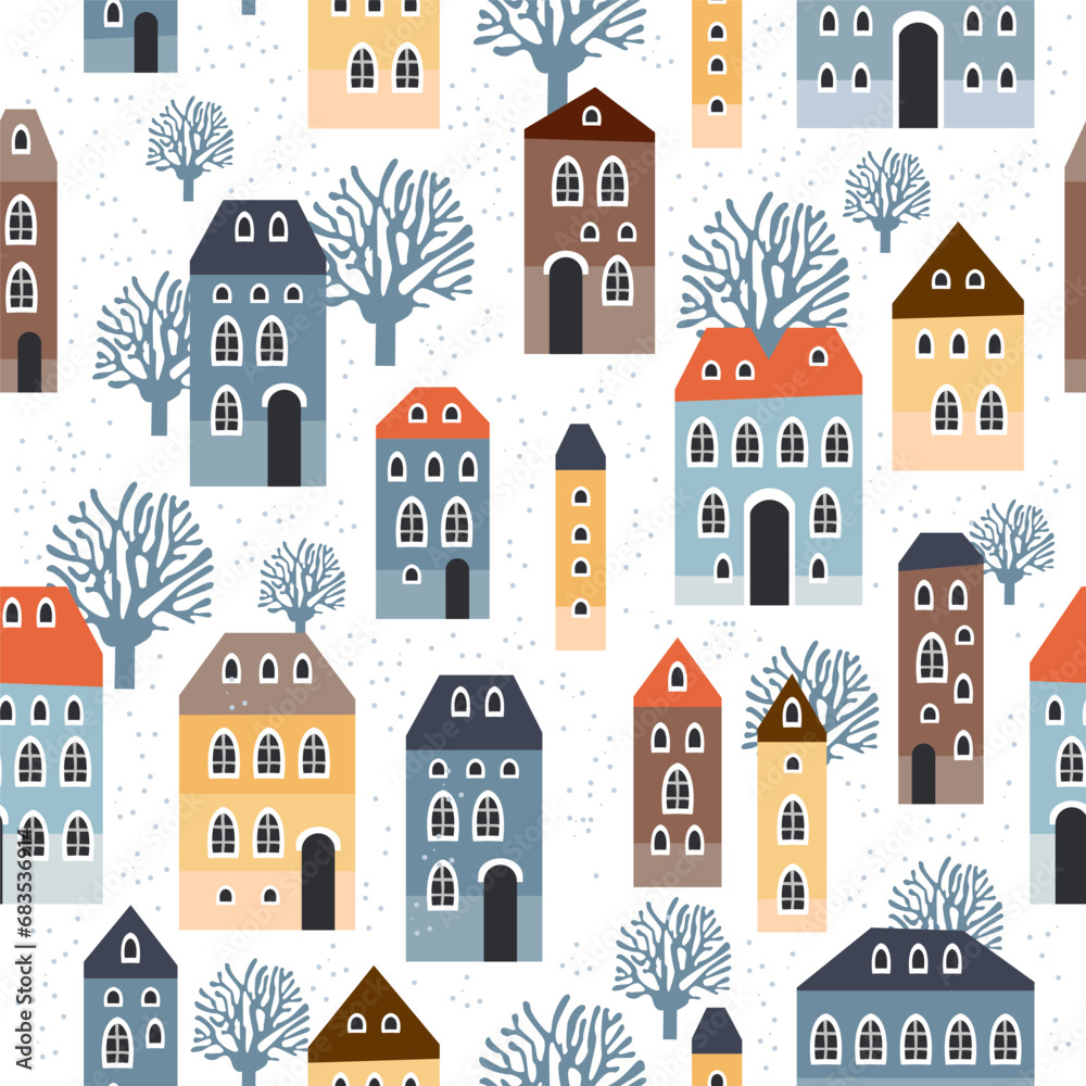 Christmas seamless pattern with winter houses, trees and other elements. Can be used for fabric, wrapping paper, scrapbooking, textile, poster, banner and other Christmas design.