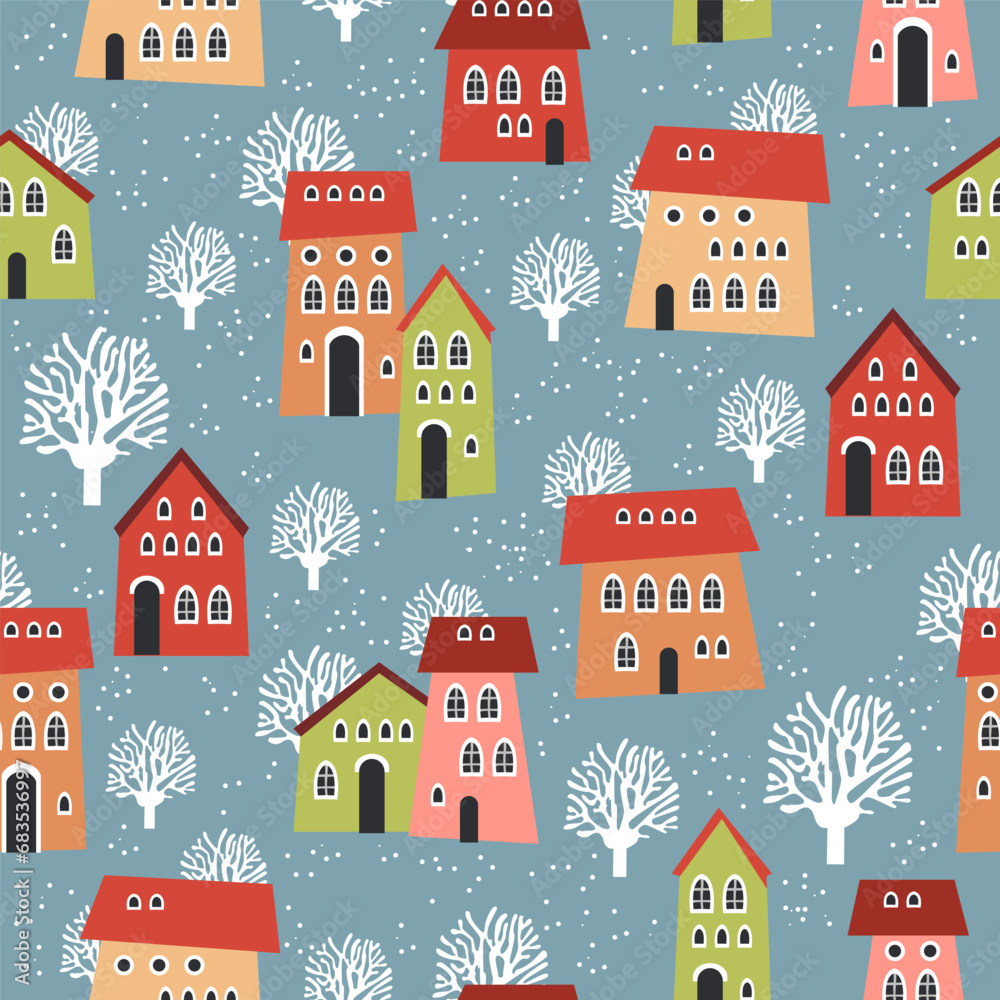 Christmas seamless pattern with winter houses, trees and other elements. Can be used for fabric, wrapping paper, scrapbooking, textile, poster, banner and other Christmas design.