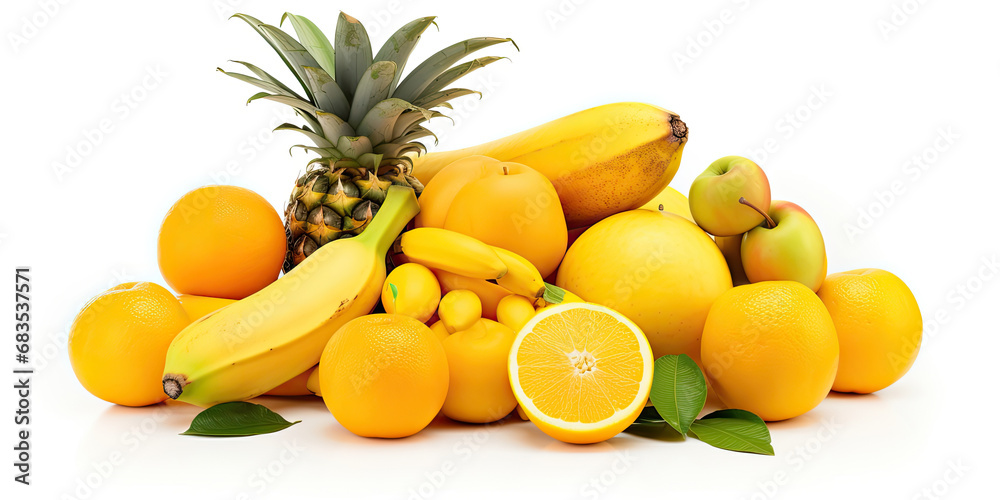 Vibrant yellow fruits isolated on a white background, each arranged in its own separate pile Vibrant yellow fruits isolated on a white background, each arranged in its own separate pile