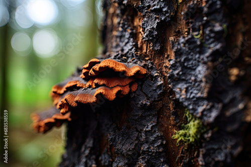 A close-up view of chaga mushroom on a tree trunk, highlighting the intricate details and textures