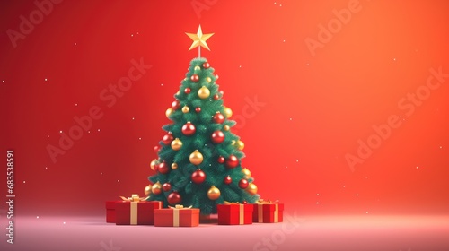 Christmas red background with decorated fir tree and gifts.