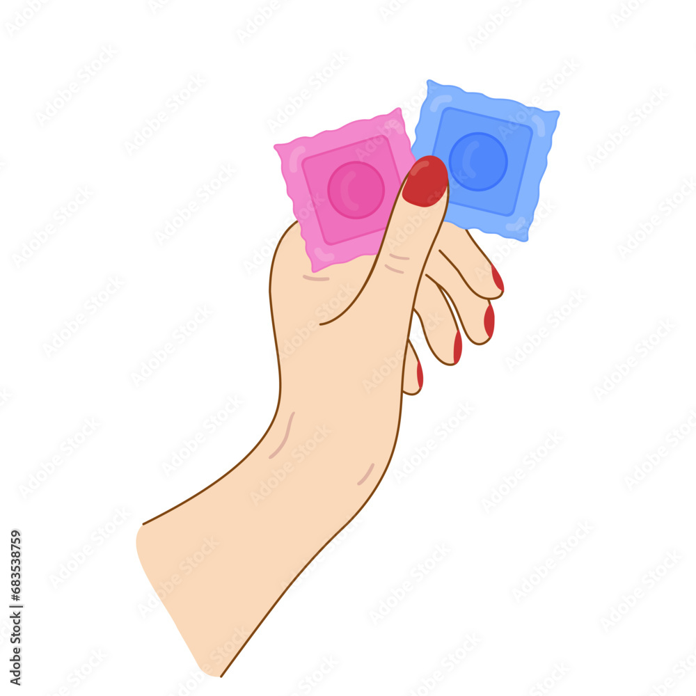 Fototapeta premium Two condom package in hand Vector. Theme of health, care, safety, contraceptive.
