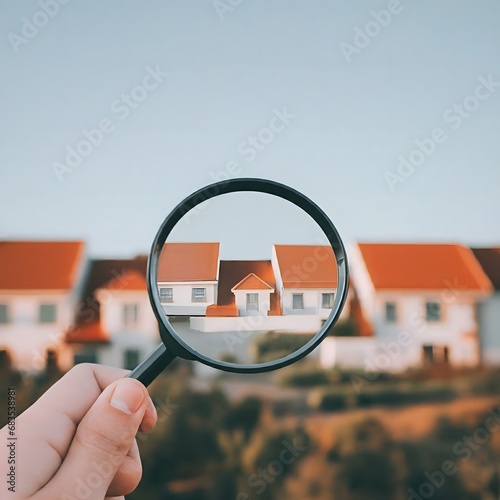 A magnifying glass is held up to residential homes
