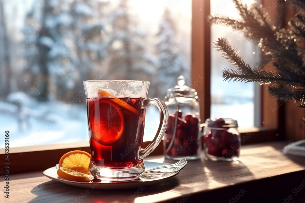 Mulled wine on the cafe table against the background of a window with a snow-covered landscape Mulled wine on the cafe table against the background of a window with a snow-covered landscape