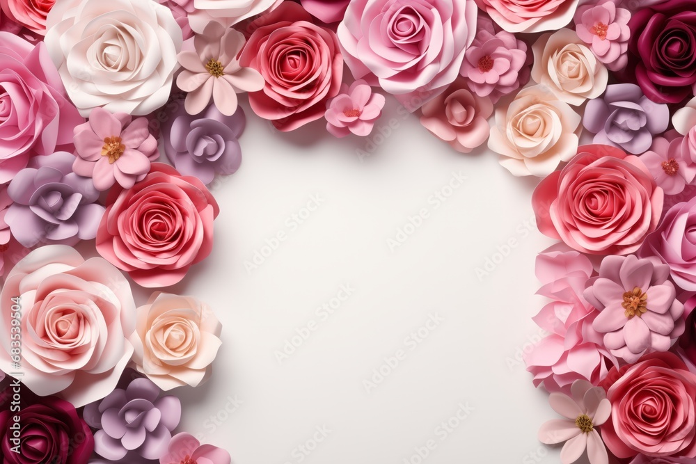 Frame made of beautiful flowers on white background, top view. Space for text. Valentine's day