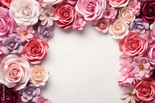 Frame made of beautiful flowers on white background  top view. Space for text. Valentine s day