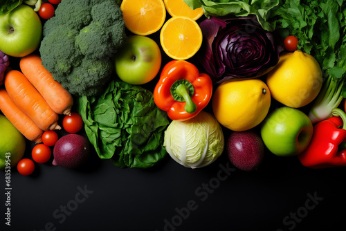 Close-ups of colorful and diverse fruits and vegetables, advocating for a balanced and vibrant diet, creativity with copy space
