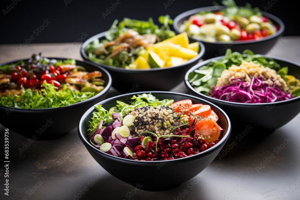 Close-ups of diverse and nutrient-rich salads or meal options, showcasing the importance of varied diets, creativity with copy space Close-ups of diverse and nutrient-rich salads or meal options, showcasing the importance of varied diets, creativity with copy space