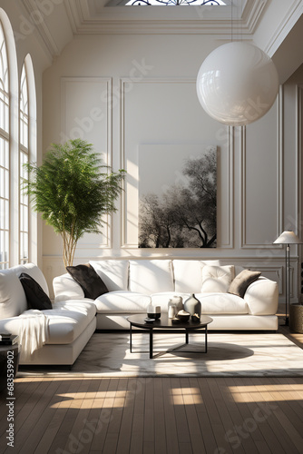 Modern interior design for home, office, interior details, upholstered furniture against the background of a classic wall. AI Generative