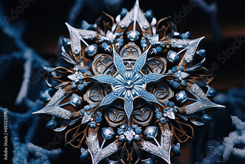 Metal snowflake with a complex, symmetrical structure featuring delicate filigree patterns that radiate from a central star-shaped core, set against a dark background 