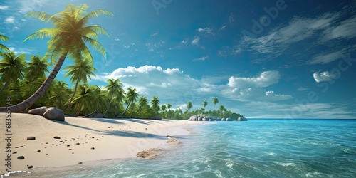 beach with clear sea water, white sand and palm trees