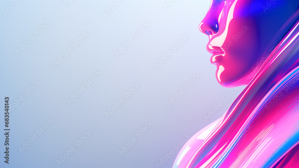 Cropped image of a futuristic woman, skin in iridescent neon colors