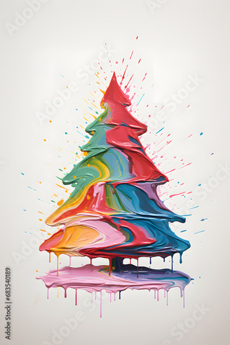 Painted multicolored Christmas tree against  white background.