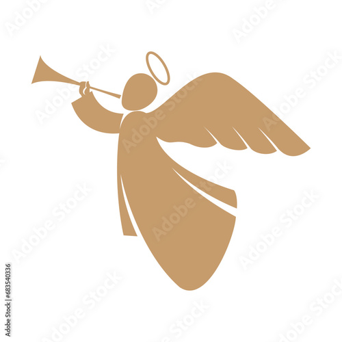 The silhouette of an angel with a trumpet gives a signal. Vector flat illustration