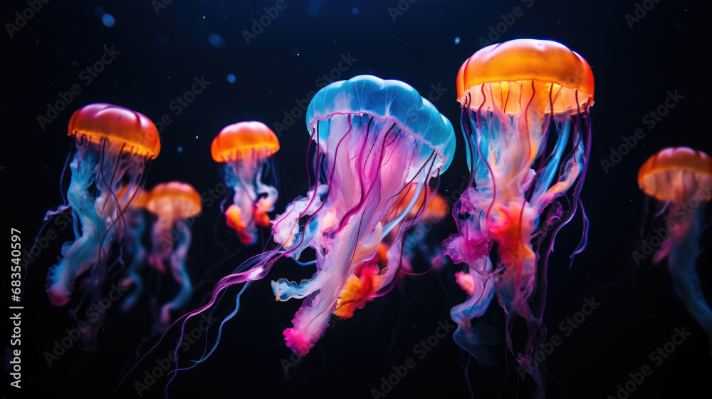 jellyfish in colorful powder paint explosion, dynamic jellyfish in colorful powder paint explosion, dynamic