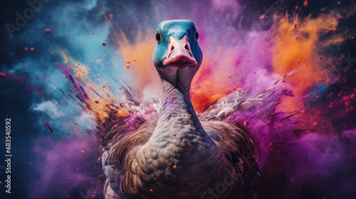 goose in colorful powder paint explosion, dynamic