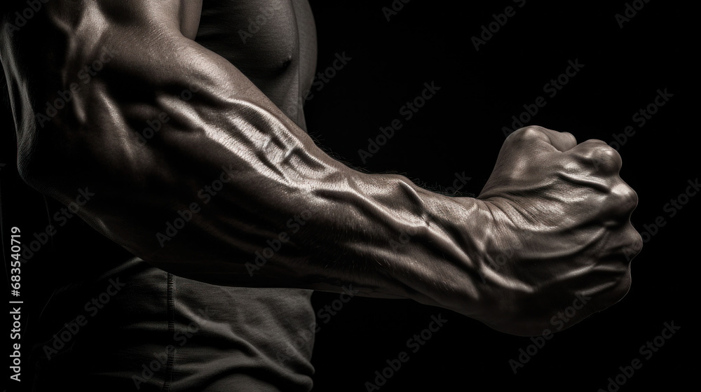 A close-up of a flexed arm reveals the intricate details of an athlete's muscle fibers, demonstrating the peak physical condition and strength in a dark, moody setting. A close-up of a flexed arm reveals the intricate details of an athlete's muscle fibers, demonstrating the peak physical condition and strength in a dark, moody setting.