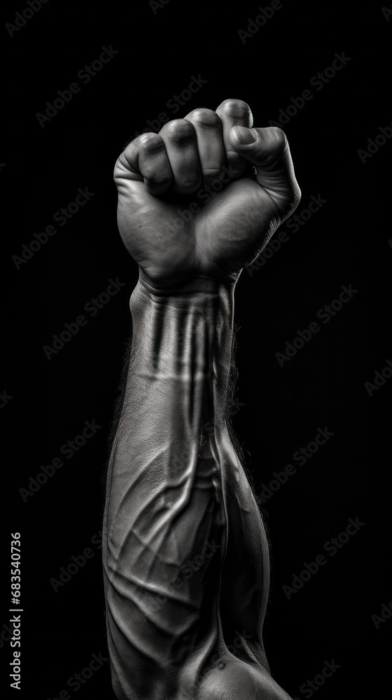 An athlete's powerful fist is raised, capturing the tension and definition of the forearm muscles, symbolizing strength and determination in a high-contrast environment. An athlete's powerful fist is raised, capturing the tension and definition of the forearm muscles, symbolizing strength and determination in a high-contrast environment.