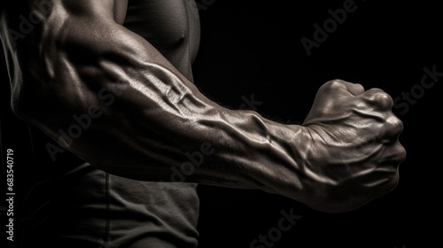  A close-up of a flexed arm reveals the intricate details of an athlete's muscle fibers, demonstrating the peak physical condition and strength in a dark, moody setting. photo