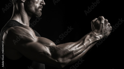 The strong arm of a focused athlete is tensed, with veins and muscles sharply defined, showcasing the results of intense dedication and strength training. photo
