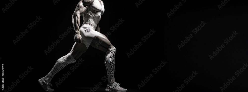 Silhouette of a male figure in a powerful pose, muscles defined against a shadowed background, highlighting fitness and energy.