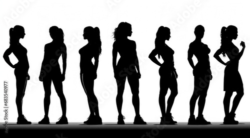 Silhouettes of diverse female figures standing in a line, representing various body types and postures against a white background. Unity in diversity, showcasing feminine strength and individuality.