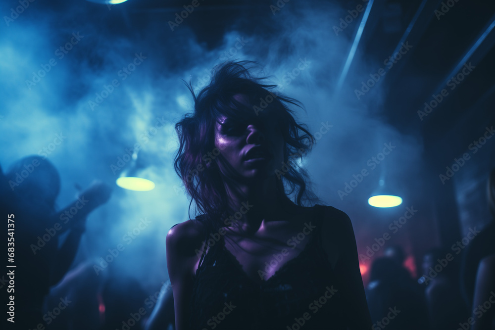 Femme dansant dans une soirée underground dans une discothèque - obrazy, fototapety, plakaty 