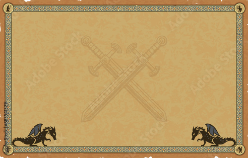 Large Parchment with Medieval Frame, Dragons, Crossed Shortswords