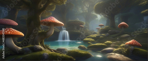 a mystical forest with towering ancient trees  glowing mushrooms  and a sparkling waterfall  rendered in stunning 3D realism  transporting you to a fantasy world filled with magic and wonder