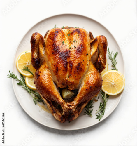 Grilled chicken with lemon slices on a plate, white background