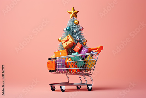 carro de la compra en miniatura conteniendo paquetes regalo y árbol de navidad con una estrella dorada sobre fondo rosa photo