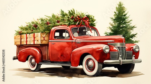 Vintage Car with Gift Box and Christmas Tree. Watercolor Effect with Delicate Snowflakes