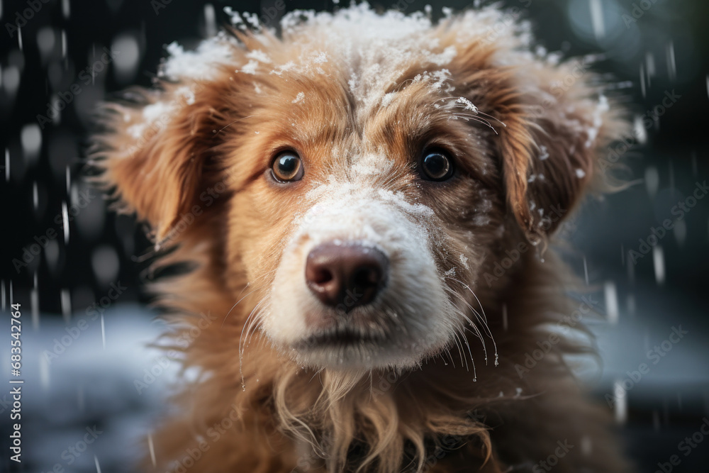 A lively puppy experiencing snowfall for the very first time. Concept of winter wonder. Generative Ai.