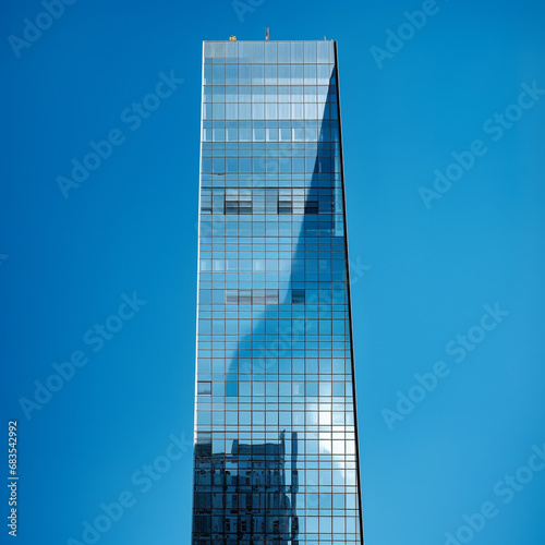 A tall building with glass on top  in the style of minimalist  sky-blue  backgrounds