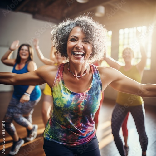 Middle-aged women enjoying a joyful dance class, candidly expressing their active lifestyle through Zumba with friends - Generative AI