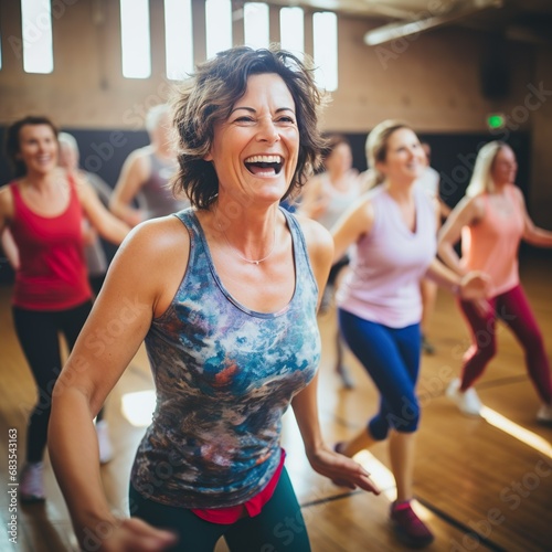Middle-aged women enjoying a joyful dance class, candidly expressing their active lifestyle through Zumba with friends