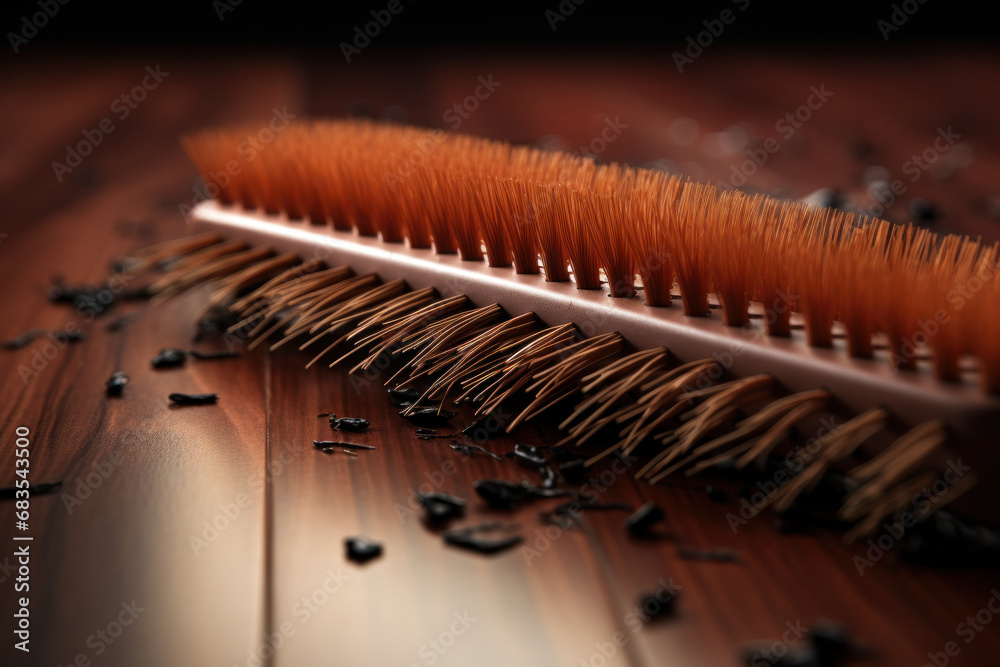 A close-up of a hairbrush filled with fallen hair, portraying the concept of daily struggles with hair loss. Generative Ai. A close-up of a hairbrush filled with fallen hair, portraying the concept of daily struggles with hair loss. Generative Ai.