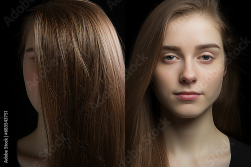 A split-screen image of hair at its peak and during hair loss, highlighting the concept of change. Generative Ai.