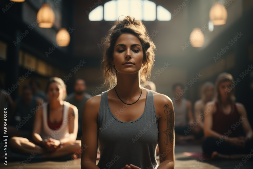 A yoga class focusing on stress reduction to combat hair loss, exploring the concept of holistic well-being. Generative Ai. - obrazy, fototapety, plakaty 